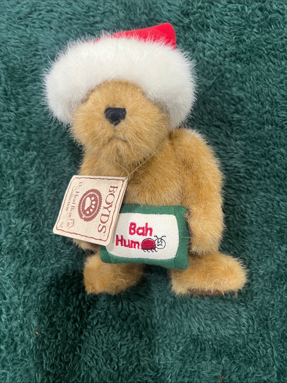 Boyds Bears Brown Bear with Red Santa Hat and Green Pillow